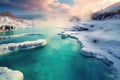 steam rising from a vibrant turquoise thermal pool in icy landscape