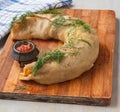 Steam roll stuffed with meat on a cutting board Royalty Free Stock Photo