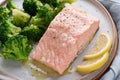 Steam salmon, broccoli, paleo, keto, lshf or dash diet. Mediterranean, Clean eating, balanced food