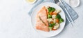 Steam salmon and vegetables, Paleo, keto, fodmap, dash diet. Mediterranean food with fish