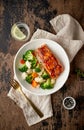 Steam salmon and vegetables, Paleo, keto, fodmap, dash diet. Mediterranean food with steamed fish
