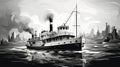 Monochromatic Graphic Design: Vintage Steam Boat Ferry With Abstract Style