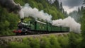 steam train in the A burning classic train, on fire, with a bronze funnel and a green coach, passing by a stone tunnel