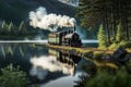 a steam train chugging past a tranquil lake