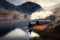 a steam train chugging past a tranquil lake