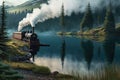 a steam train chugging past a tranquil lake