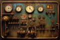 steam train control panel with aged dials and levers