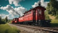 steam train countryside retro train with a steam engine and a red caboose, traveling on a railroad track through a green landscape Royalty Free Stock Photo