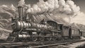 steam train in the countryside, A steampunk scene of a metal train with a steam engine and a chimney,