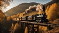 steam train in the countryside A vintage locomotive with a black smokestack and a yellow passenger car, crossing a wooden bridge