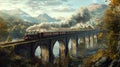 Steam train crossing a stone bridge in a scenic valley Royalty Free Stock Photo