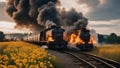 steam train in the fire, A burning cargo train on fire, exploding, flames, that transport different products along the rail