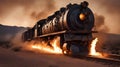 steam train in the fire flaming, An exploding hell old flaming western train to hell with a flaming