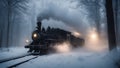 steam train in the fog A steam train engine on a foggy night in the winter. The train is a powerful and sturdy model,