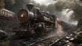 steam train in the forest An apocalyptic train that restores the balance of the world on a mystical and ancient railway. Royalty Free Stock Photo