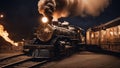 steam train in the forest A burning old-fashioned train on fire, burning, The train is black Royalty Free Stock Photo