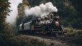 steam train in the forest An old steam locomotive train that has been enchanted and animated by a wizard.