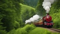 Steam Train In The Forest Steam Train Engine Beautiful Red Railway Passing Lush Green