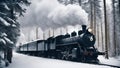 steam train in the forest _A steam train that expels white smoke as it cruises through a frosty forest. The train is black