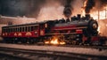 steam train in the forest _A vintage train, on fire, flames, with a retro style emblem on its front. The train is black Royalty Free Stock Photo