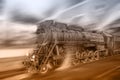 Steam train goes fast on the night station background. Royalty Free Stock Photo