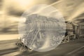 Steam train goes fast on the night station background. Royalty Free Stock Photo
