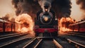steam train with locomotive _A vintage train, on fire, flames, with a retro style emblem on its front. Royalty Free Stock Photo