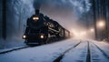 steam train in the night A steam train engine on a foggy night in the winter. The train is a powerful and sturdy model,