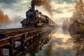 steam train on old wooden bridge crossing river Royalty Free Stock Photo