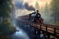 steam train on old wooden bridge crossing river Royalty Free Stock Photo