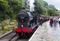 Steam Train at platform at Oxenhope Railway Station on Keighley and Worth Valley Railway. Yorkshire, England, UK,