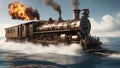 steam train on the railway _A burning, steampunk train exploding on fire, that travels through the sea on a floating track