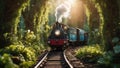 steam train on the railway A magical train on a mystical railway in the forest.