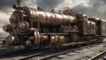 steam train on the railway steampunk train that escapes the doom of the world on a floating and submersible railway.