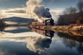 steam train reflecting on calm river surface Royalty Free Stock Photo