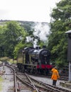 Steam Train in siding at Oxenhope Railway Station on Keighley and Worth Valley Railway. Yorkshire, England, UK,