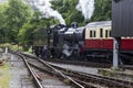 Steam Train in sidings at Railway Station on Keighley and Worth Valley Railway. Yorkshire, England, UK,