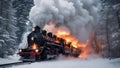 steam train in the snow A burning, steam train exploding, on fire, flames that puff out white smoke as it travels