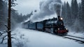 steam train in the snow _A steam train that is created of electric power and beams as it cruises through a frosty forest.