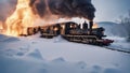 steam train in the snow exploding, A steam train burning, on fire, flames, and fireballs, on a cold and snowy day in the winter