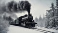 steam train in the snow, A steam train that emits white steam as it rides through a frosty forest. The train is black