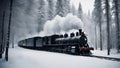 steam train in the snow A steam train that expels white smoke as it cruises through a frosty forest. The train is black