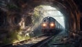 Steam train speeds through abandoned coal mine generated by AI