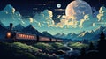 A steam train traveling through the mountains at night, AI