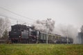 Steam train rushing past in fog