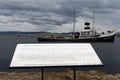 Steam tug Saint Christopher Grounded in the Beagle Channel.Information for tourists. Royalty Free Stock Photo