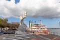Steamboat city of new orleans at the pier at Mississippi River near the Monument To The Immigrant. The steamboat is still in Royalty Free Stock Photo