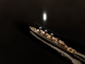 Steamboat ocean liner from top aerial view of the ship at night with smoking chimneys 3D render