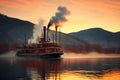 steamboat puffing out smoke at dawn