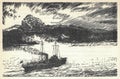 A steamboat sails down the river. Old black and white illustration. Vintage drawing. Illustration by Zdenek Burian.